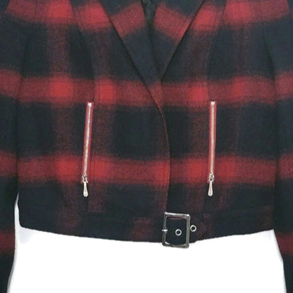 Bebe Plaid Buffalo Check Print Moto Jacket Red Navy Blue Short Crop Size 6 - Picture 4 of 16